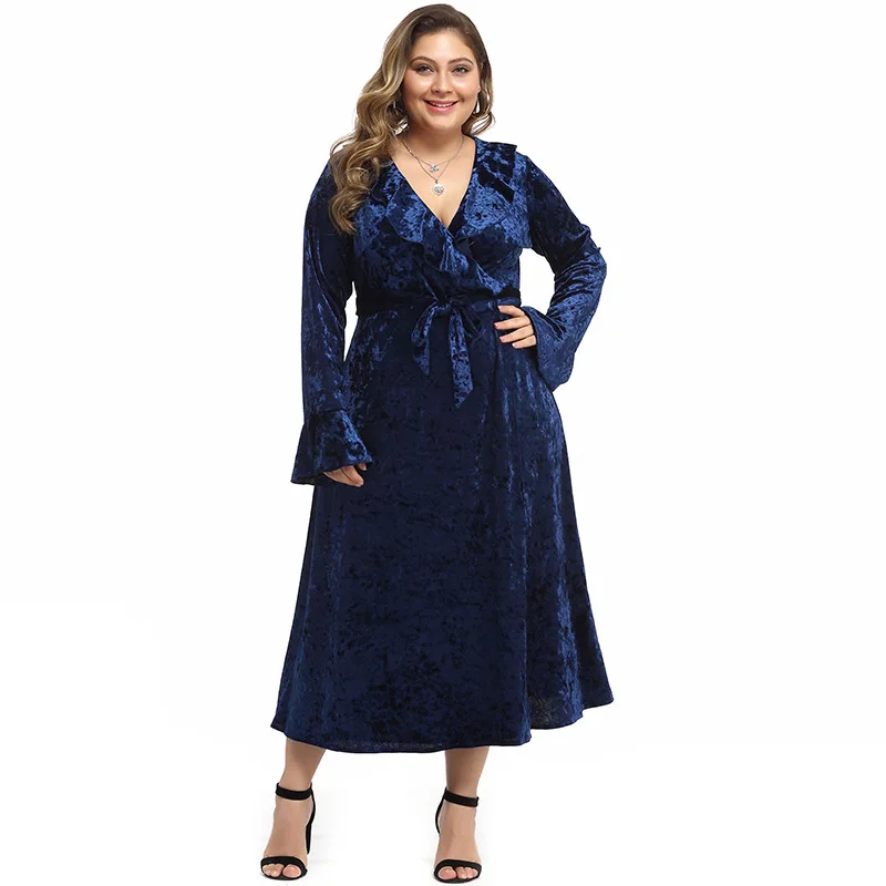 

Antumn Winter Dress Plus Size 5XL Women Ruffles V Neck Flare Long Sleeve Velvet Dress High Waist Ladies Tunic Long Dresses