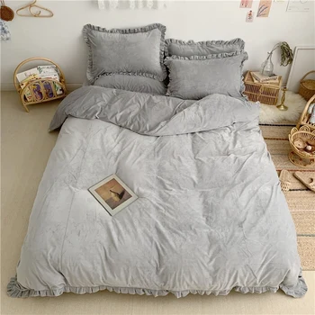 

Brief Solid Color White Grey Ruffled Edge Duvet Cover Bed sheet set Fleece Cotton Soft Warm Bedding Set Twin Queen King 3/4Pcs
