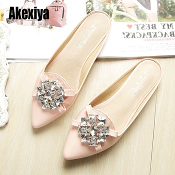 

Pointed slippers female flat slippers fashion Muller rhinestone purple black pink single shoes women large size 34-43 s107