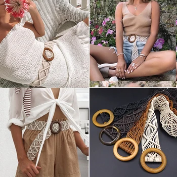 

Wax Rope Knitted Belt Round Wooden Buckle Boho Ladies Belt Simple Harajuku Solid Color Knitted Belts For Women Dress Jeans