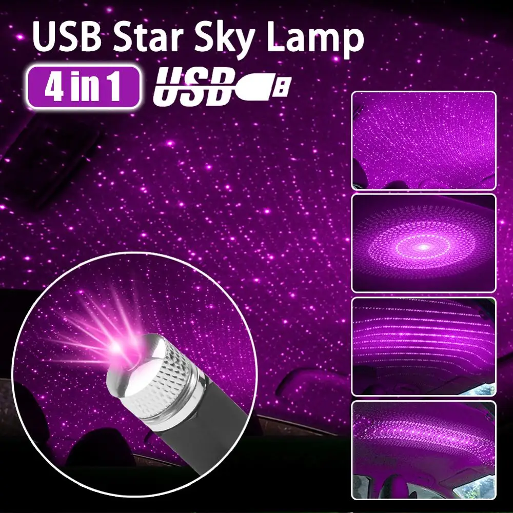 

4 in 1 Mini LED Car Roof Star Night Lights Projector Light Interior Ambient Atmosphere Galaxy Lamp Decoration Light USB Plug