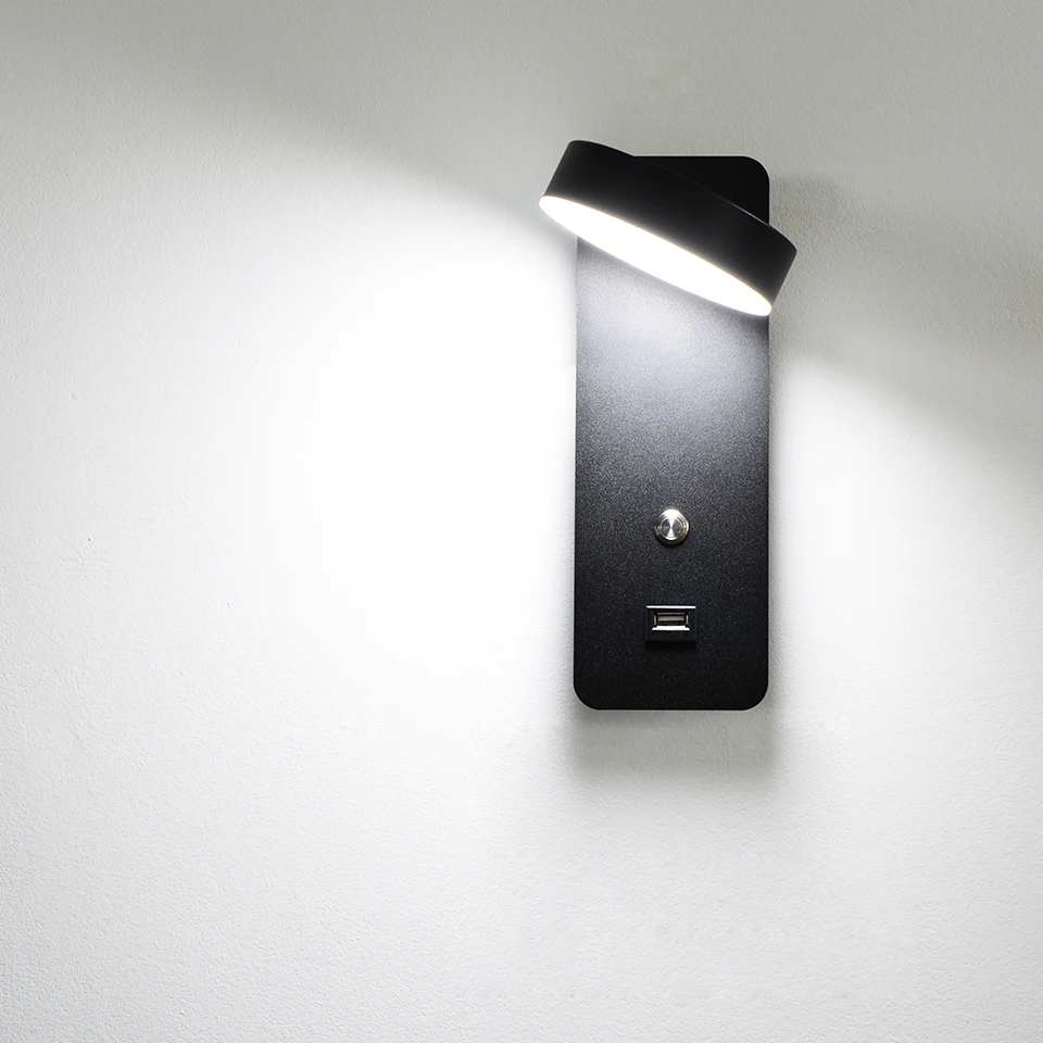 Lâmpada de Parede Interior para Cabeceira Botão Interruptor Regulável Carga Usb Luz Parede 9 w Branco - Preto Iluminação Escada Arandela Luminaria Led 15 carga usb luz parede 9 w branco