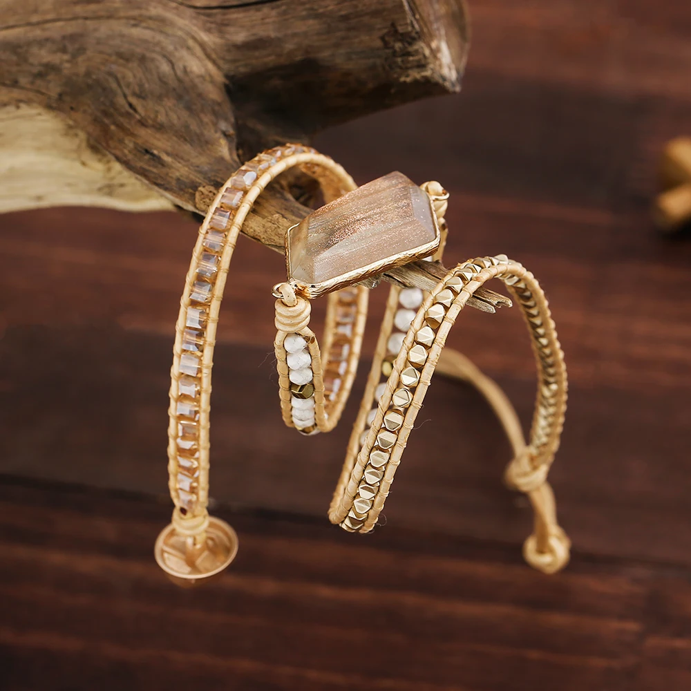 Ослепительный браслет из натуральной кожи ручной работы DIY из гематита с кристаллами смешанный 3 нити женский Штабелируемый регулируемый браслет