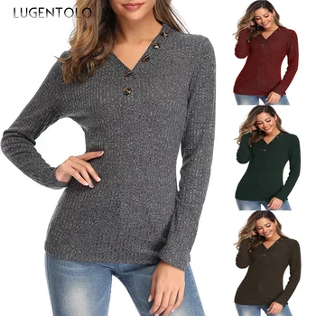 

Lugentolo Women Sweater Autumn and Winter New V-neck Button Sweater Long-sleeved Slim Solid Color Pullover Knit Fashion Sweater