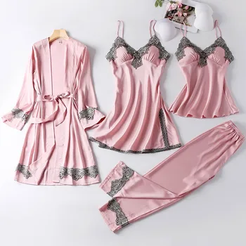 

4PCS Satin Sleepwear Lady Pajamas Suit Nighty&Robe Suit Sexy Intimate Lingerie Casual Bridal Wedding Gift Homewear Nightgown