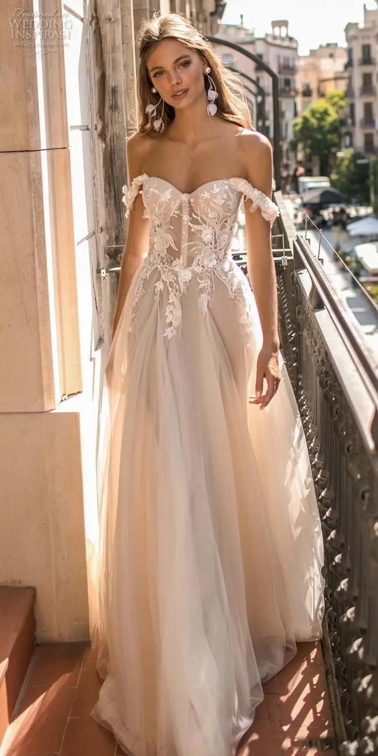 Boho пляжное свадебное платье с открытыми плечами кружевное цветочное ТРАПЕЦИЕВИДНОЕ Тюлевое Богемские свадебные одежды с открытой спиной элегантное женское платье de mariaee