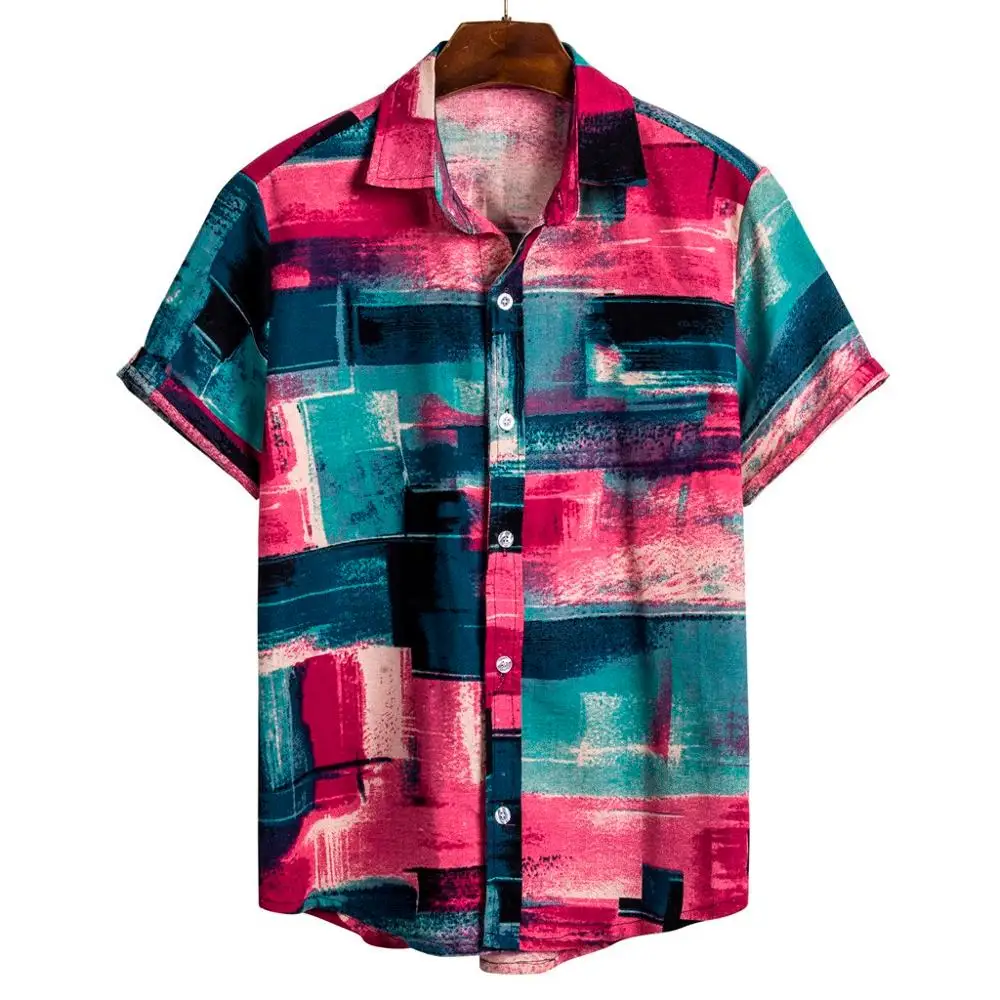 Misaky Men's Ethnic Short Sleeve Casual Cotton Linen Printing Hawaiian Shirt Blouse 