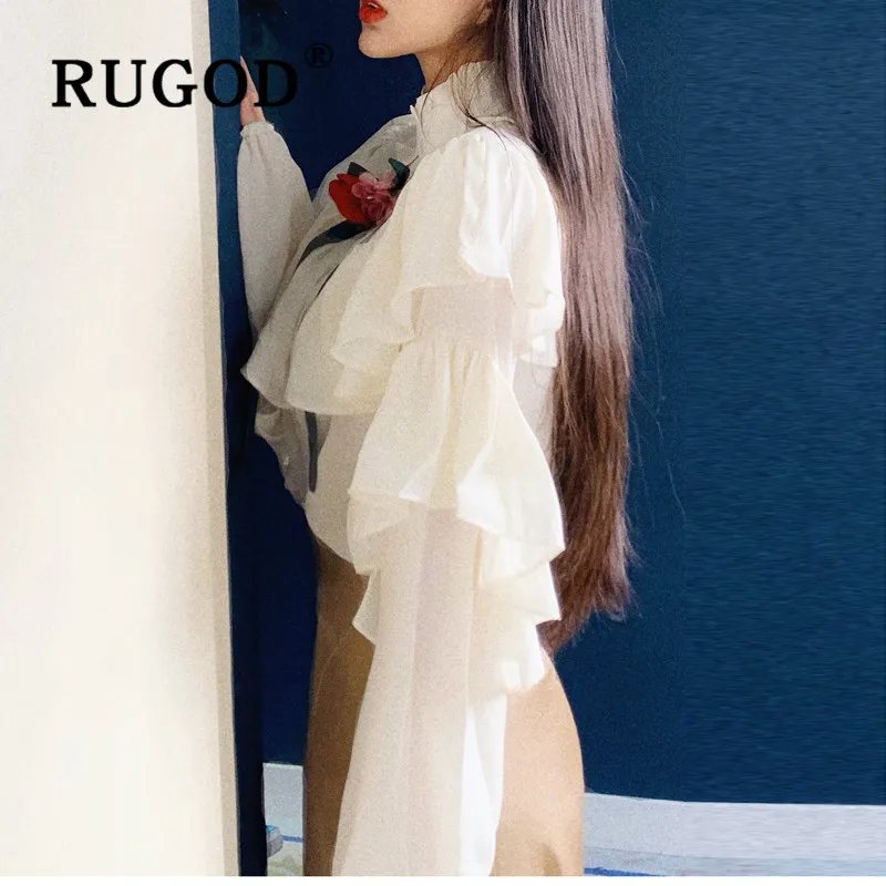 RUGOD Весенняя винтажная блузка с рюшами, женские блузки с длинным рукавом, корейская модная одежда, женские рубашки, элегантный топ с рукавами-фонариками