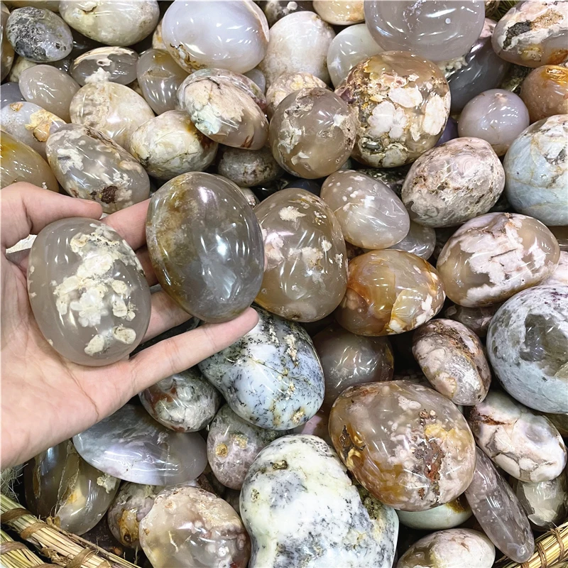 

1KG natural high quality pink flower agate palm stone shape crystals cherry blossom agate healing palm stones