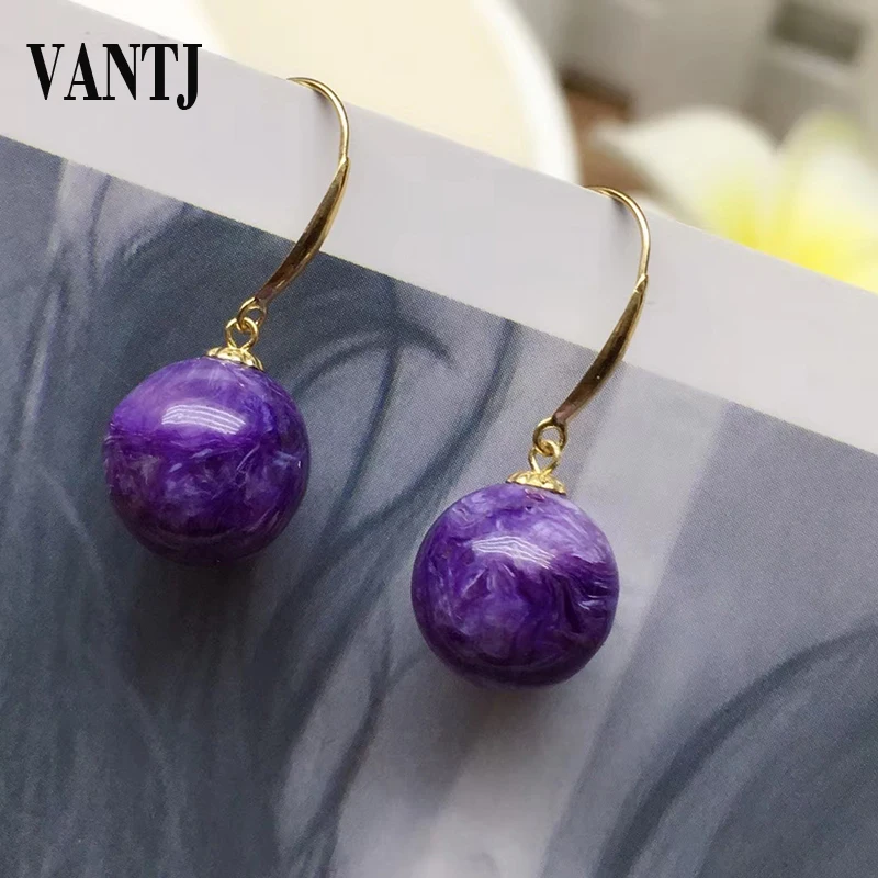 

VANTJ Real Natural Charoite Earring Sterling 18K Yellow Gold Fine Jewelry for Women Lady Party Wedding Gift