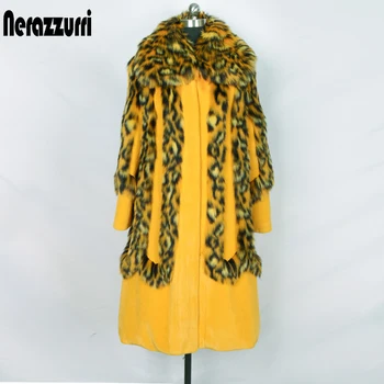 

Nerazzurri Long furry faux fur coat women color block elegant plus size tiger print outerwear 6xl Thick warm fluffy jackets
