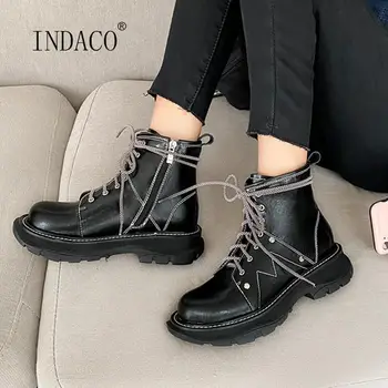 

Women Winter Boots Lace Up Leather Martin Boots Platform Warm Fur Boots Women Side Zipper Black Plus Size 42