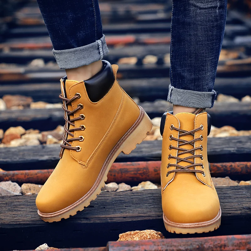 Botines de cuero amarillo para hombre, zapatos informales de madera, botas  de moto land, impermeables, calzado de invierno, talla grande, 2020|Botas  de motocicleta| - AliExpress