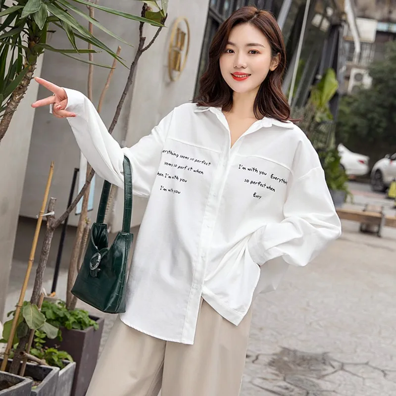 Simple Casual Lapel Shirt Women Letter Print Loose Blouse Spring Autumn Long Sleeve White Shirts 2020 New