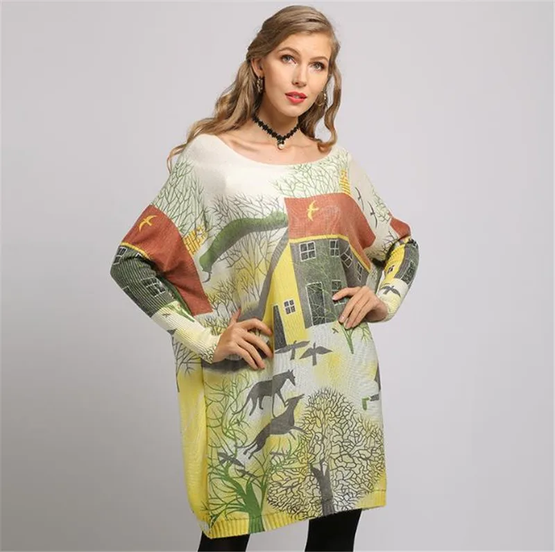 

Autumn Winter Casual loose Bottoming sweater Oversize Long Batwing Sleeve Pullovers Knitted Print sweater dropshipping