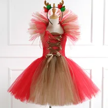 Girls Reindeer Dress Pricess Costume Handmade Tutu Mesh Dress Up 2021 Christmas Costume for Kids