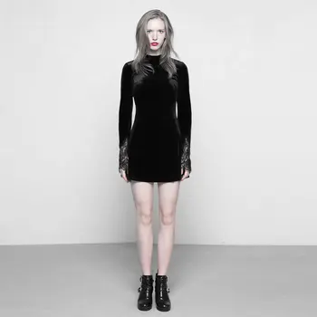 

PUNK RAVE Women's Dark lace Stitching A Pendulum Dress Velvet Irregular Long Sleeve Party Evening Dinner Mini Dress