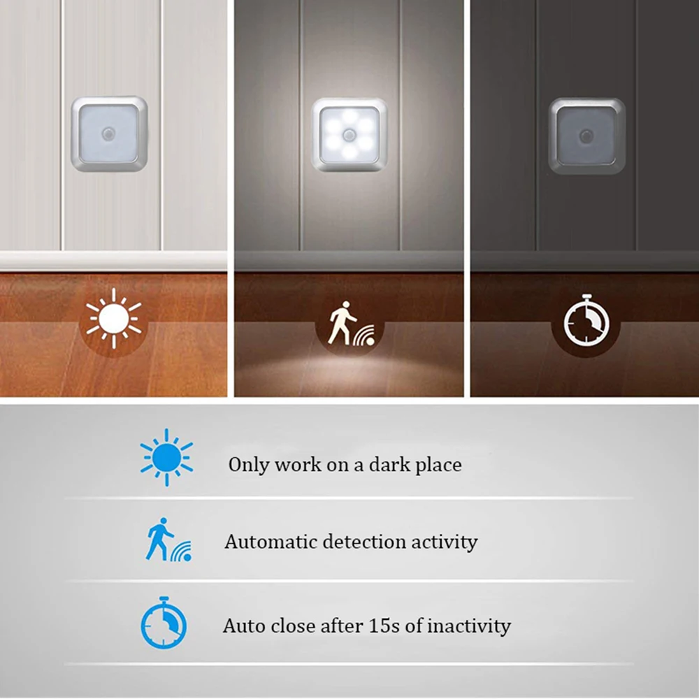 6LEDs PIR Motion Sensor Light Battery Powered Led Nightlight For Closet Wardrobe Stair Lighting Hallway Night Lamp For Home 5