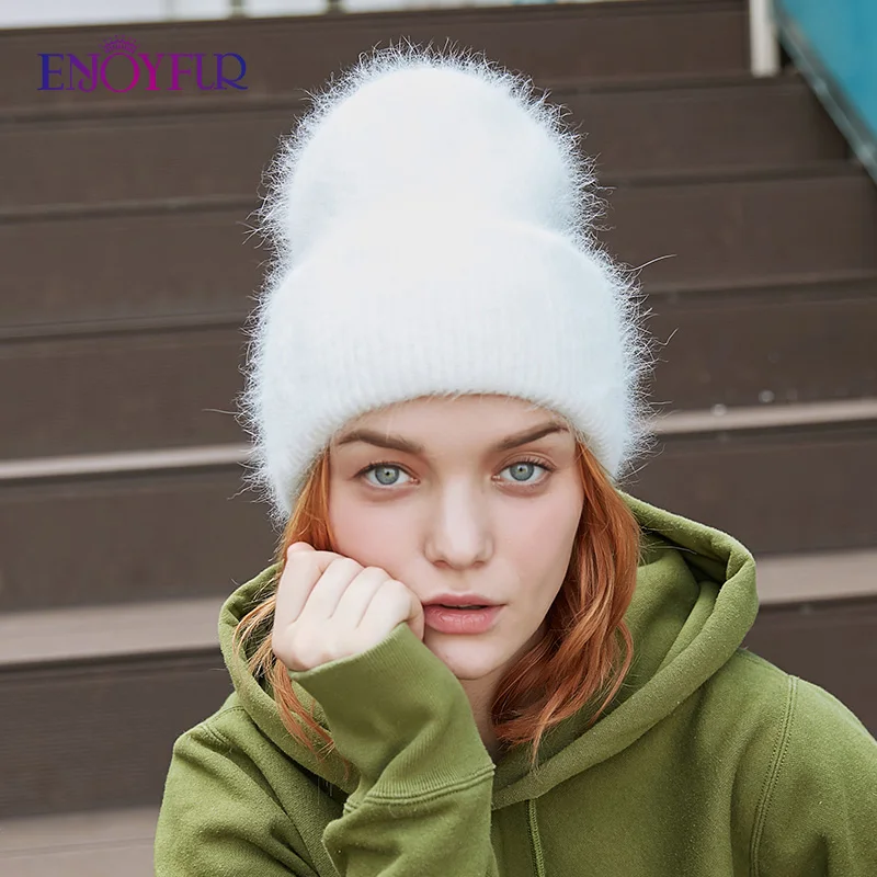 ENJOYFUR зимние шапки для женщин, теплые длинные женские шапки из кроличьего меха, модные однотонные шапки с широкими манжетами, молодежные стильные шапочки