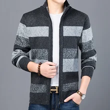 Cardigan Sweater Stripe Keep Clothes Men Thick Stand 2021 Collar Warm Autumn Winter Casual Fashion Classic Style Business Brank