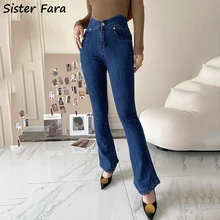 Sister Fara 2021 Autumn Winter Female Buttocks Denim Jeans Pants Women High Waist Flare Pants Ladies Solid Casual Jeans Trousers