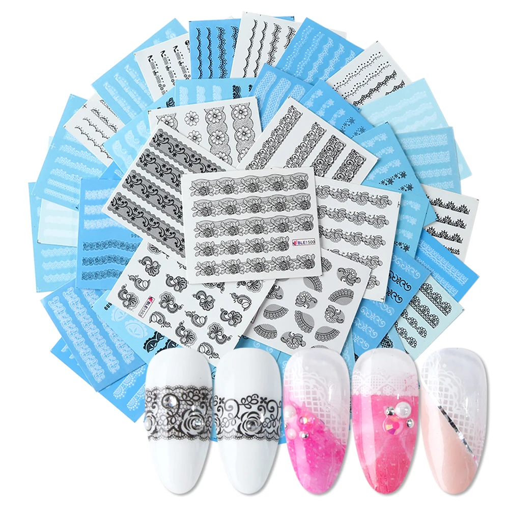 

40pcs Black White Tattoo Nail Art Slider Decoration Mixed Flower Lace Necklace Design Sticker Polish Wraps Tips Manicure TRNC180