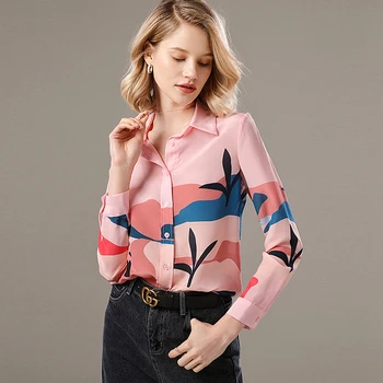 

High Quality 100% Silk Blouses Women Shirt Printed Elegant Simple Design Long Sleeves Office Work Top Graceful Style New Fashion