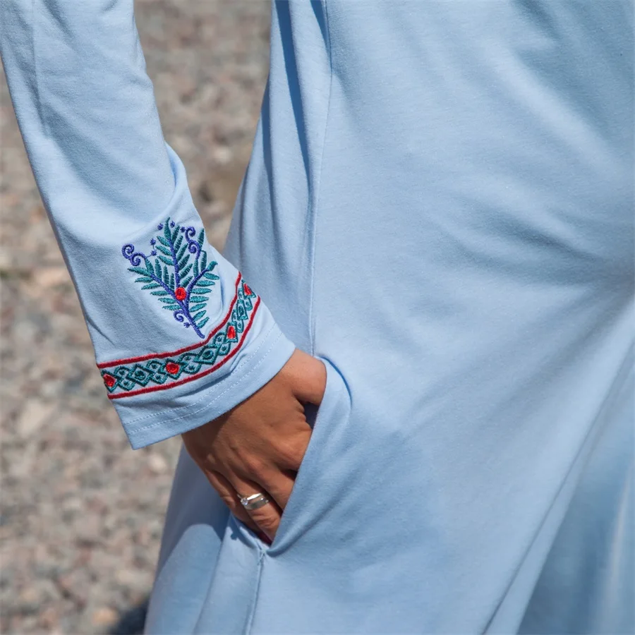 Siskakia Vintage Ethnic Chic Embroidery Dress Brief Elegant O Neck Long Sleeve Maxi Dresses Light Blue Muslim Ramadan Clothes (2)