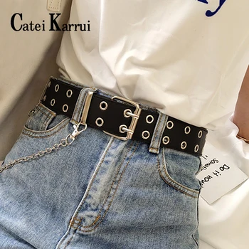 

Catei Karrui Double Grommet Belt for Women Genuine Leather New Punk style fashion Pin Buckle jeans Decorative Belt
