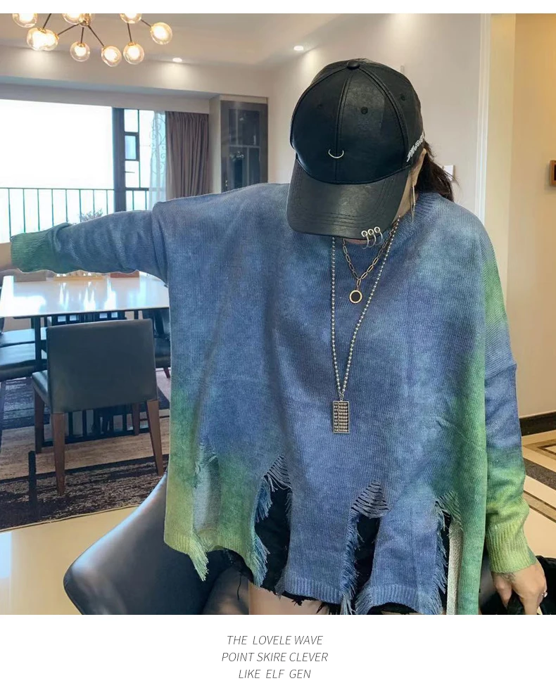 Рваные свитера с галстуком-красителем для женщин, винтажный свитер с длинными рукавами, Модные свободные повседневные топы больших размеров для женщин, осень, новинка, SA061S30