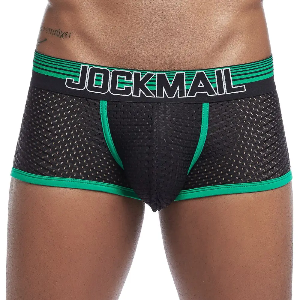 JOCKMAIL, мужские трусы, дышащие боксеры, хлопковое Сетчатое Мужское нижнее белье, u-образный выпуклый мешочек, сексуальные трусы, набивные листья, домашняя одежда, шорты - Цвет: 443 GREEN