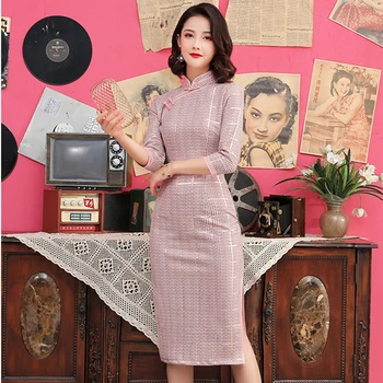 

Three Quarer Sleeve Pink Women Chinese Traditional Mandarin Collar Cheongsam High Split Qipao Plaid Evening Party Dress Vestidso