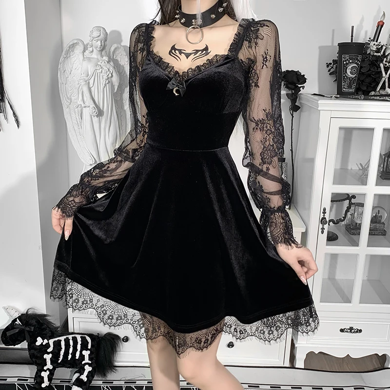 Subsidie engineering Volwassen Dark Academia Sexy Vrouw Hoge Taille Een Lijn Jurk Goth Gothic Vintage  V-hals Kant Mesh Flare Mouw Y2K Jurk Egirl alt Kleding - AliExpress