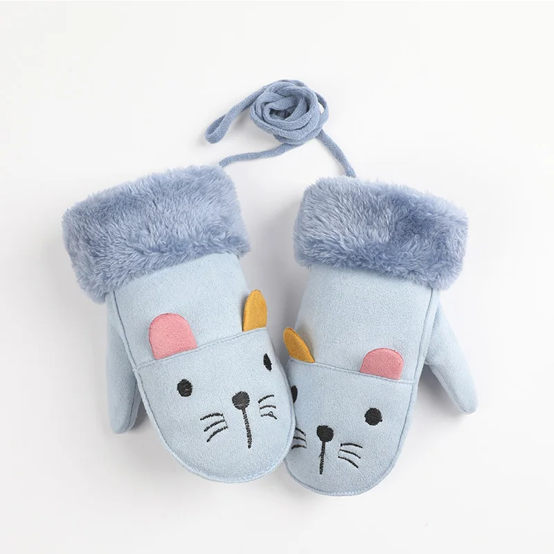 cartoon cat blue Милые детские перчатки с рисунком кролика, кота, Зимняя Толстая кашемировая замша, кожаные перчатки, варежки, уличные теплые варежки на веревке для мальчиков и девочек - Цвет: cartoon cat blue