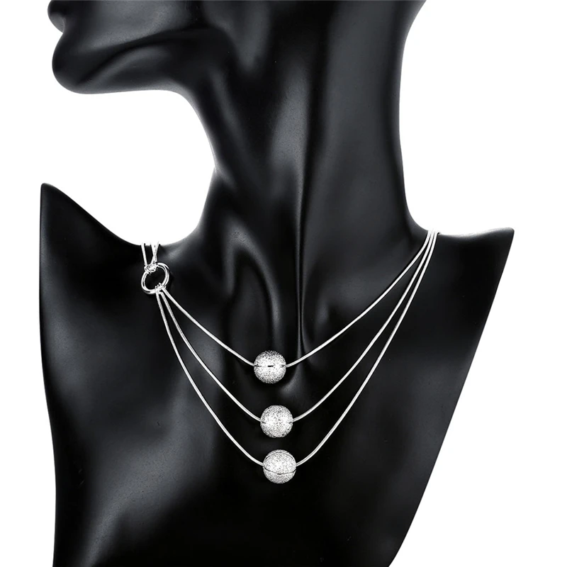 

925 Silver Necklaces For Women 3 Layer Bead Pendant Necklace Snake Chains Collier Wedding Bridal Jewelry Accessories Bijoux