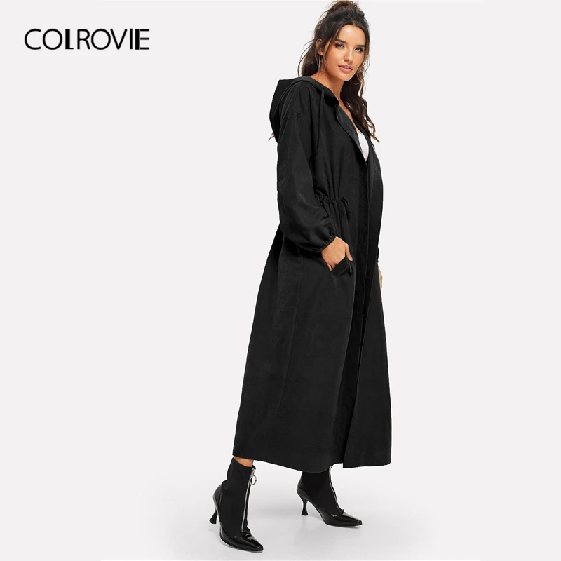 Женская длинная куртка с капюшоном COLROVIE черная однотонная разрезом на талии и