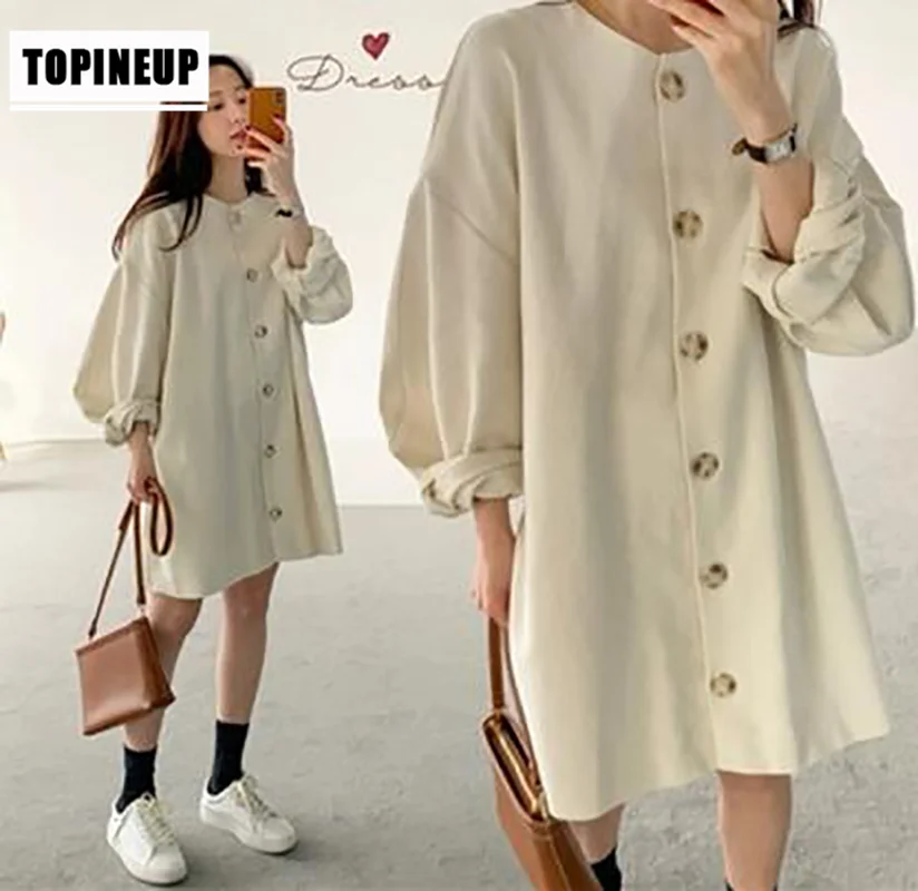 

2019 Korean Long Bubble Sleeve Elegant Dress Cotton Casual Full Button Batwing Sleeve Spring Hot Solid Color