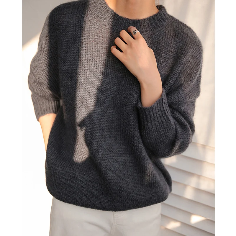 Свитер женский свободный пуловер из мохера - Цвет: Темно-серый