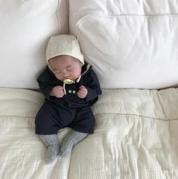 

2020 ins Toddler Baby Sailor Collar Rompers Blue Color Long Sleeve Sweet Newborn Japan Korean Cotton Linen Clothing Romper