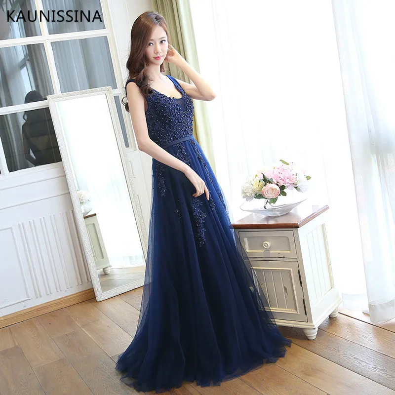 KAUNISSINA элегантное вечернее платье размера плюс с аппликацией, вечерние платья для выпускного вечера, вечерние платья с v-образным вырезом, настоящая фотография, Vestido 14 размера s - Цвет: Blue 1