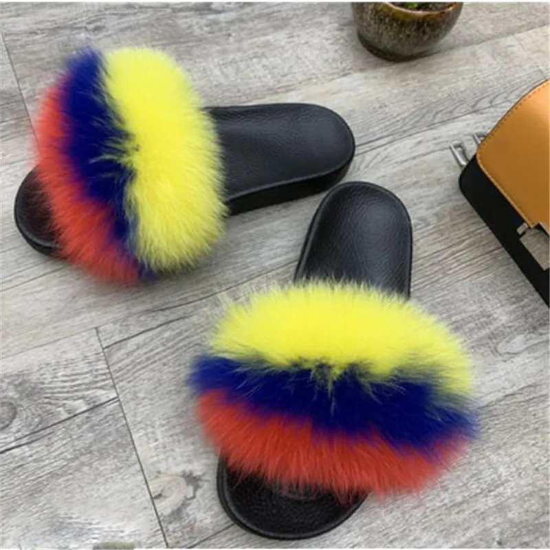 Women's Winter Fox Fur Slippers Cute Striped Fluffy Plush Shoes Woman Slides Outside Furry Flip Flops Female Sandals 45 | Обувь
