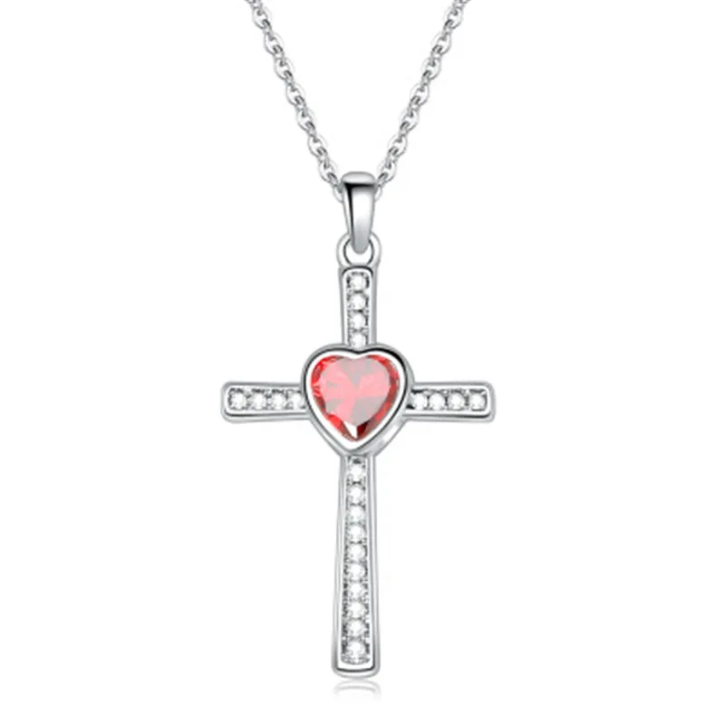 

Lunky Female Titanium Steel Rhinestone Cross Pendant Necklace Heart Long Chain Statement Fashion Neckalce Collares Jewelry