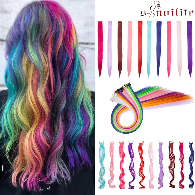 S-noilite волосы на заколках длинные прямые волосы для наращивания цветные яркие радужные заколки в одном куске синтетические волосы розовый красный синий