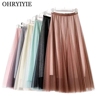 

OHRYIYIE 6 Colors Tulle Skirts Women 2020 New Spring Summer High Waist Mesh Midi Skirts Female Long Sequined Skirt Jupe Longue