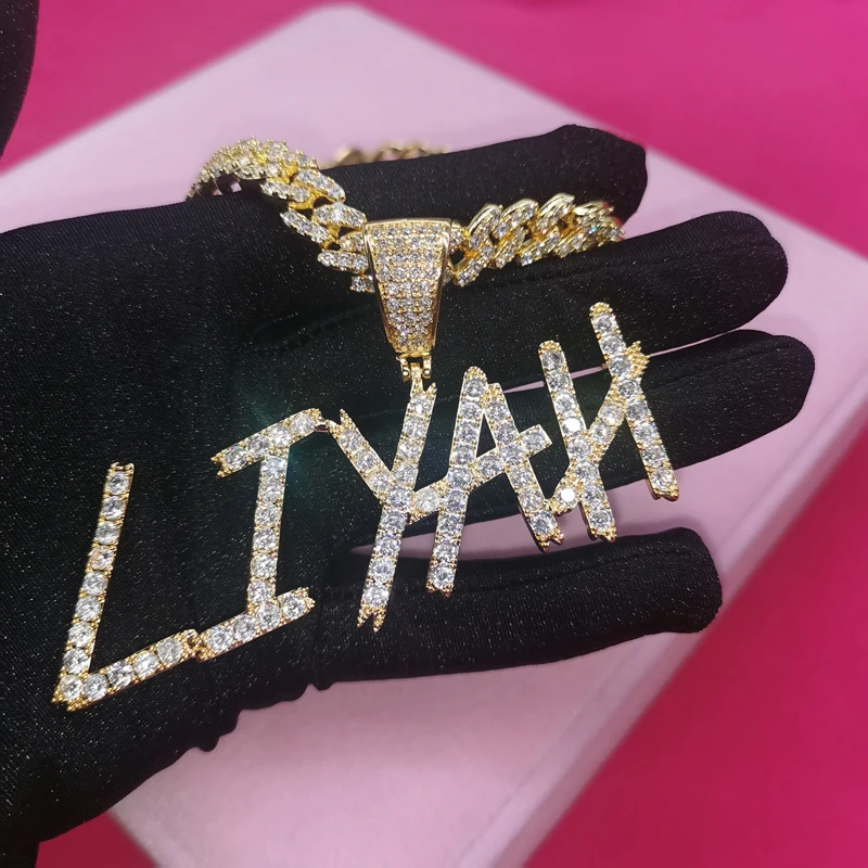 Custom Name Necklace  with 9MM Zircon Cuban Chain for Women Men Sharp Bubble Letters Pendant Hip Hop Jewelry