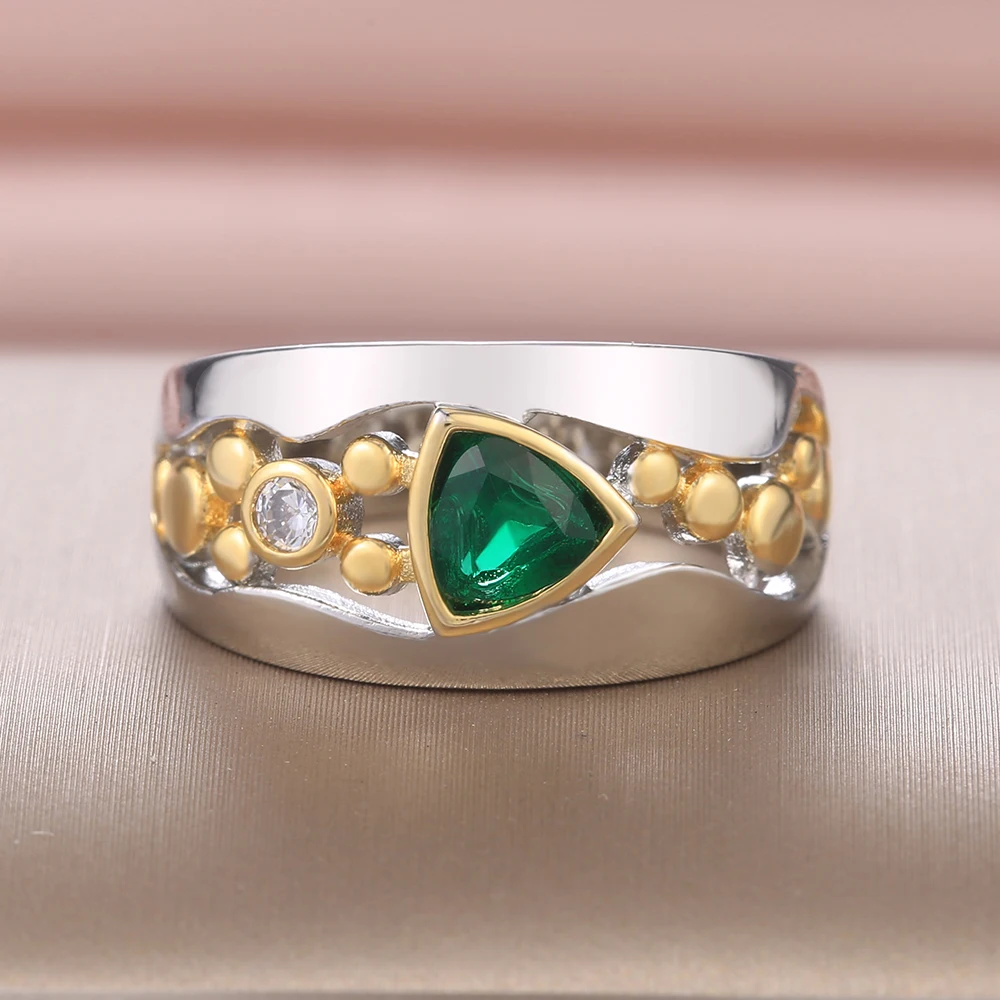 Huitan Vintage Hollow-out Band Ring Evening Dance Party Accessories Green Stone Graceful Two Tone Rings Jewelry for Mother Gift