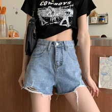 Primavera verão 2021 novo buraco em linha reta denim shorts solto senhoras moda cintura alta magro calças de perna larga calças quentes bottom feminino