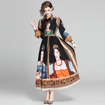

Elegant Ladies Vintage Long Black Dress Printed Queen Princess Europe New Designer Dress for Women