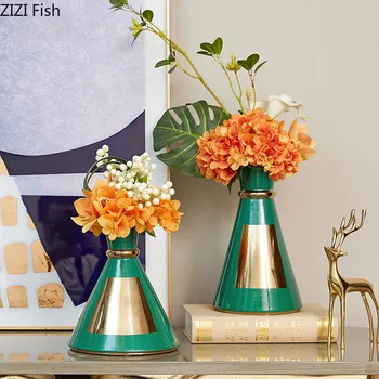 

NORDIC GOLD-PLATED CERAMICS VASE MODERN HOME FLOWER ARRANGEMENT CREATIVE CONE VASES FLORAL PORCELAIN EXPENSIVE DESK DECORATION