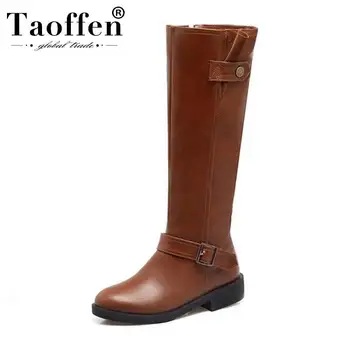 

Taoffen Women Knee High Boots Zipper Warm Fur Motorocycle Shoes Round Toe Winter Flats Boots Women Thick Heel Shoes Size 33-43